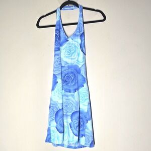 Vintage Y2K Coquette Floral Halter Mini Dress Beware Blue Size M
